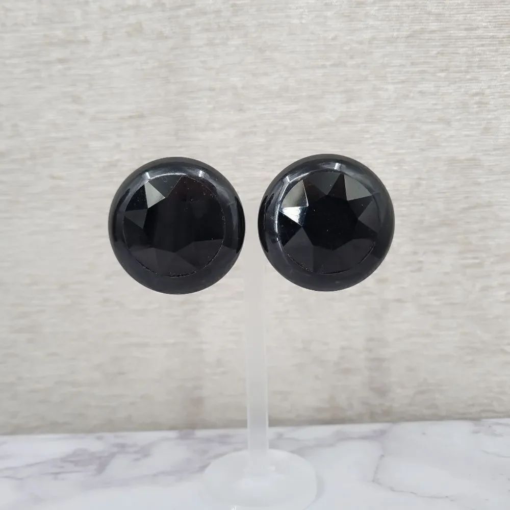 Elegant Black Clip On Earrings Oversized Circle Faceted Gem Vintage 80s